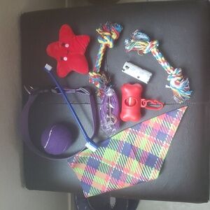 Colorful Dog Toy Set with Star Plush, Rope Toys, & Collar, Leash, & Accesories.